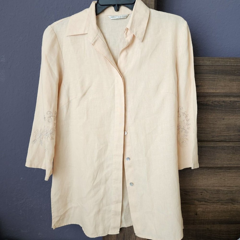 Peter Martin Women's Size 4 100% Linen Shirt Embroidery 3/4 sleeves‎ Peach Tunic